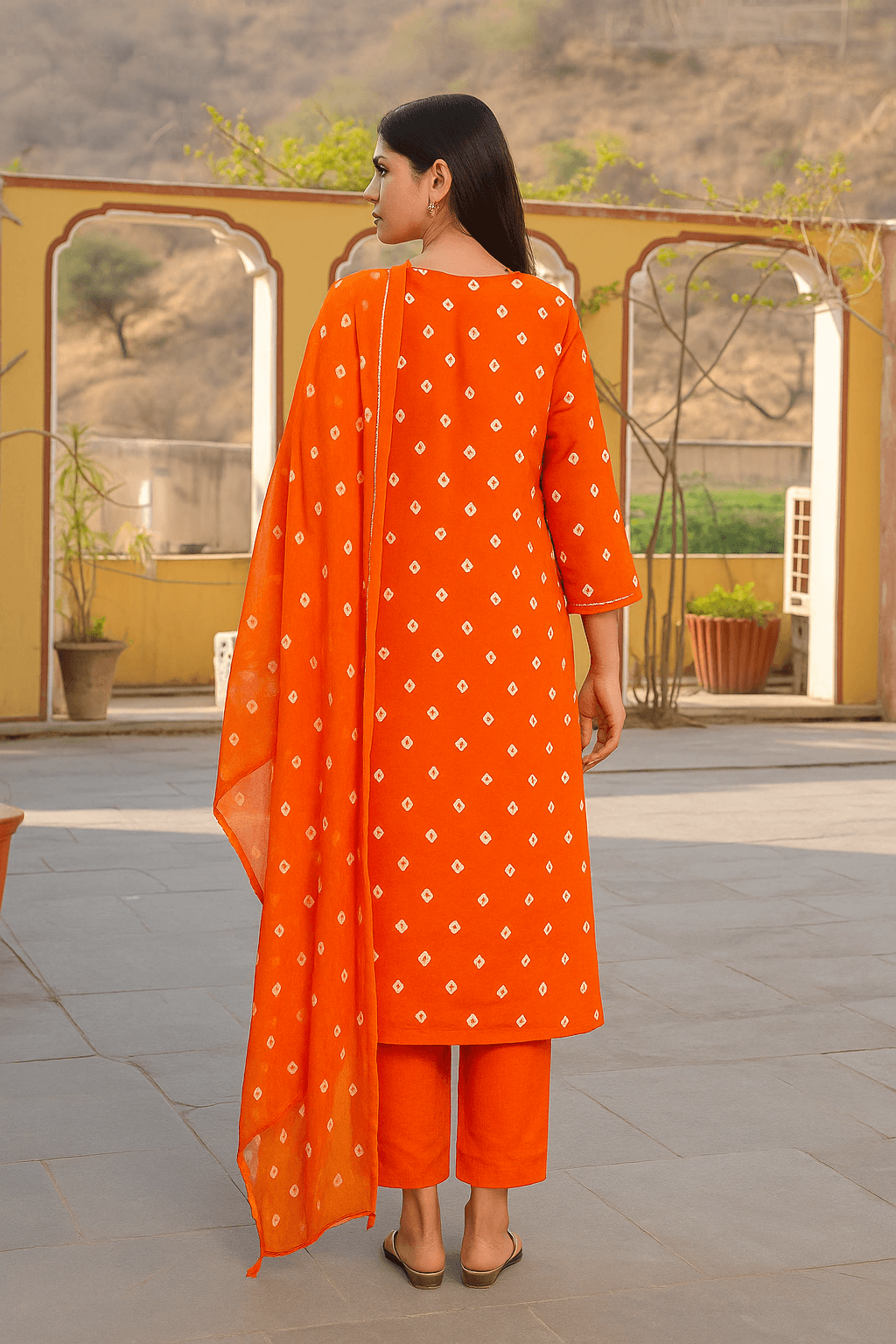 ORANGE COTTON SILK BANDHEJ SUIT SET