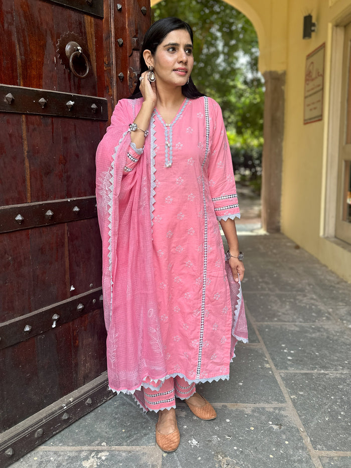 PINK COTTON SUIT SET WITH GREY EMBROIDERY