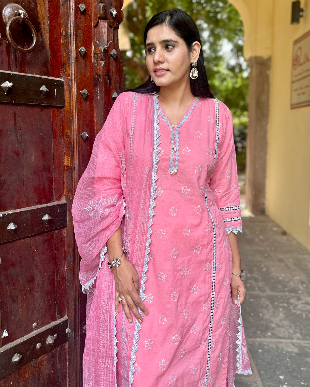 PINK COTTON SUIT SET WITH GREY EMBROIDERY