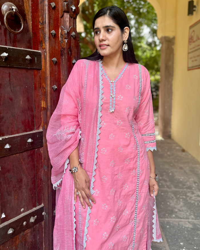 PINK COTTON SUIT SET WITH GREY EMBROIDERY