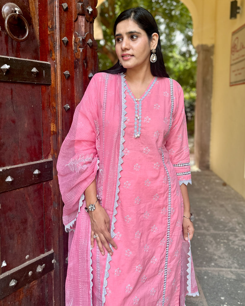 PINK COTTON SUIT SET WITH GREY EMBROIDERY