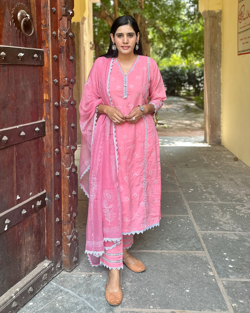 PINK COTTON SUIT SET WITH GREY EMBROIDERY