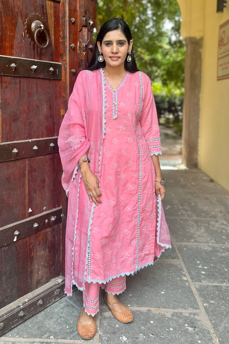 PINK COTTON SUIT SET WITH GREY EMBROIDERY