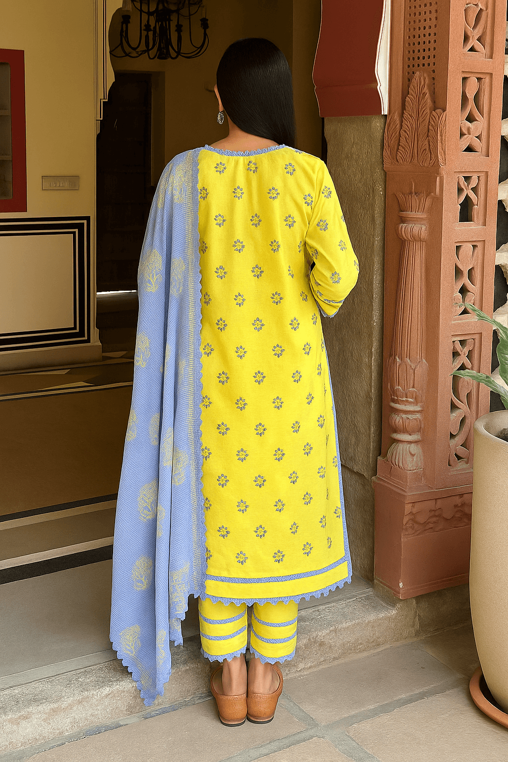 YELLOW COTTON SUIT SET WITH BLUE EMBROIDERY