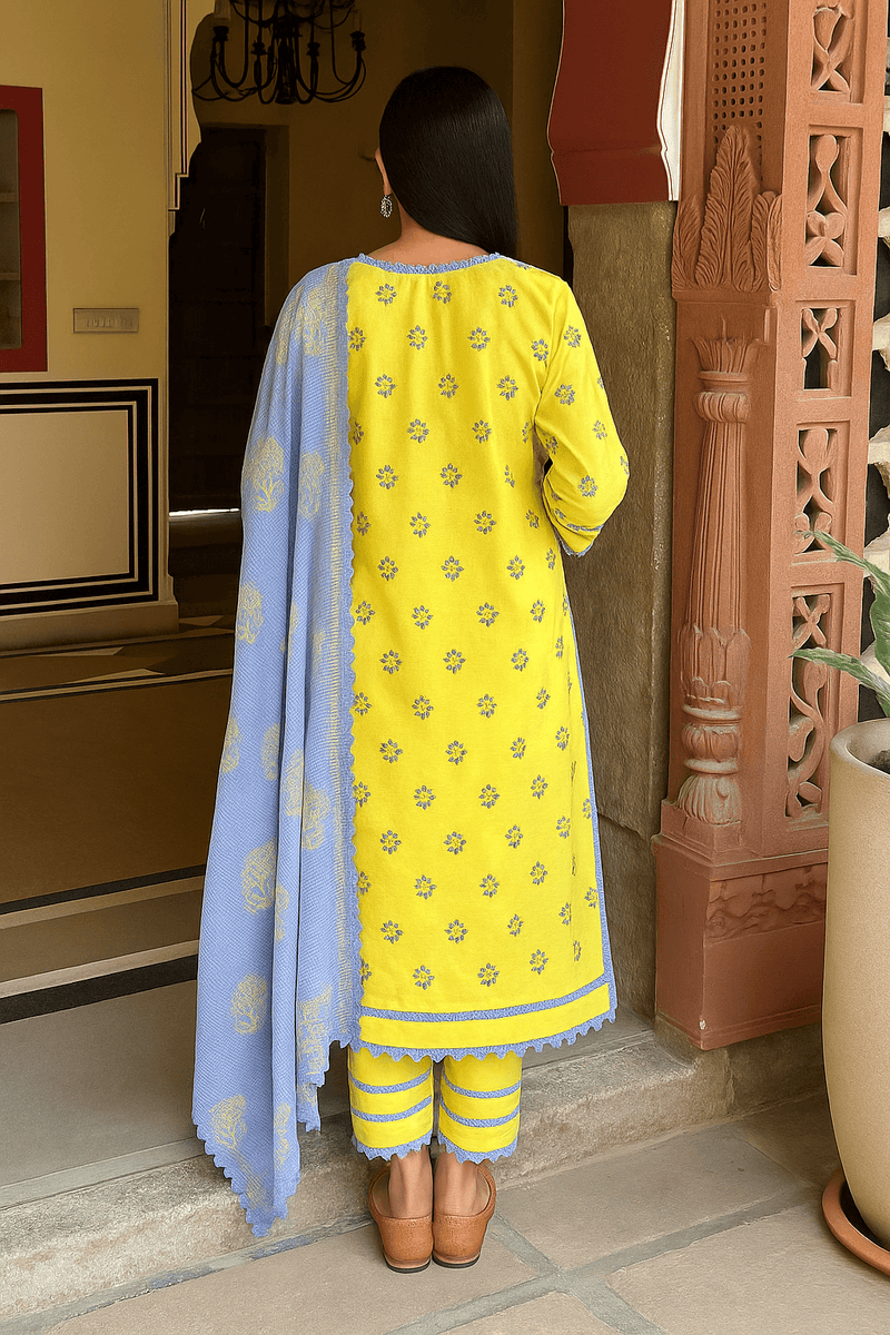 YELLOW COTTON SUIT SET WITH BLUE EMBROIDERY