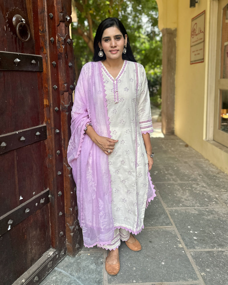 WHITE COTTON SUIT SET WITH LAVENDER EMBROIDERY