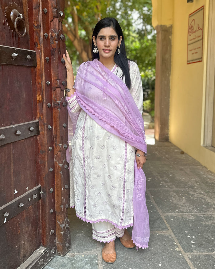 WHITE COTTON SUIT SET WITH LAVENDER EMBROIDERY