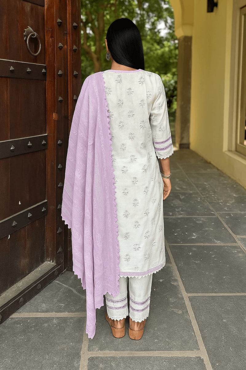 WHITE COTTON SUIT SET WITH LAVENDER EMBROIDERY