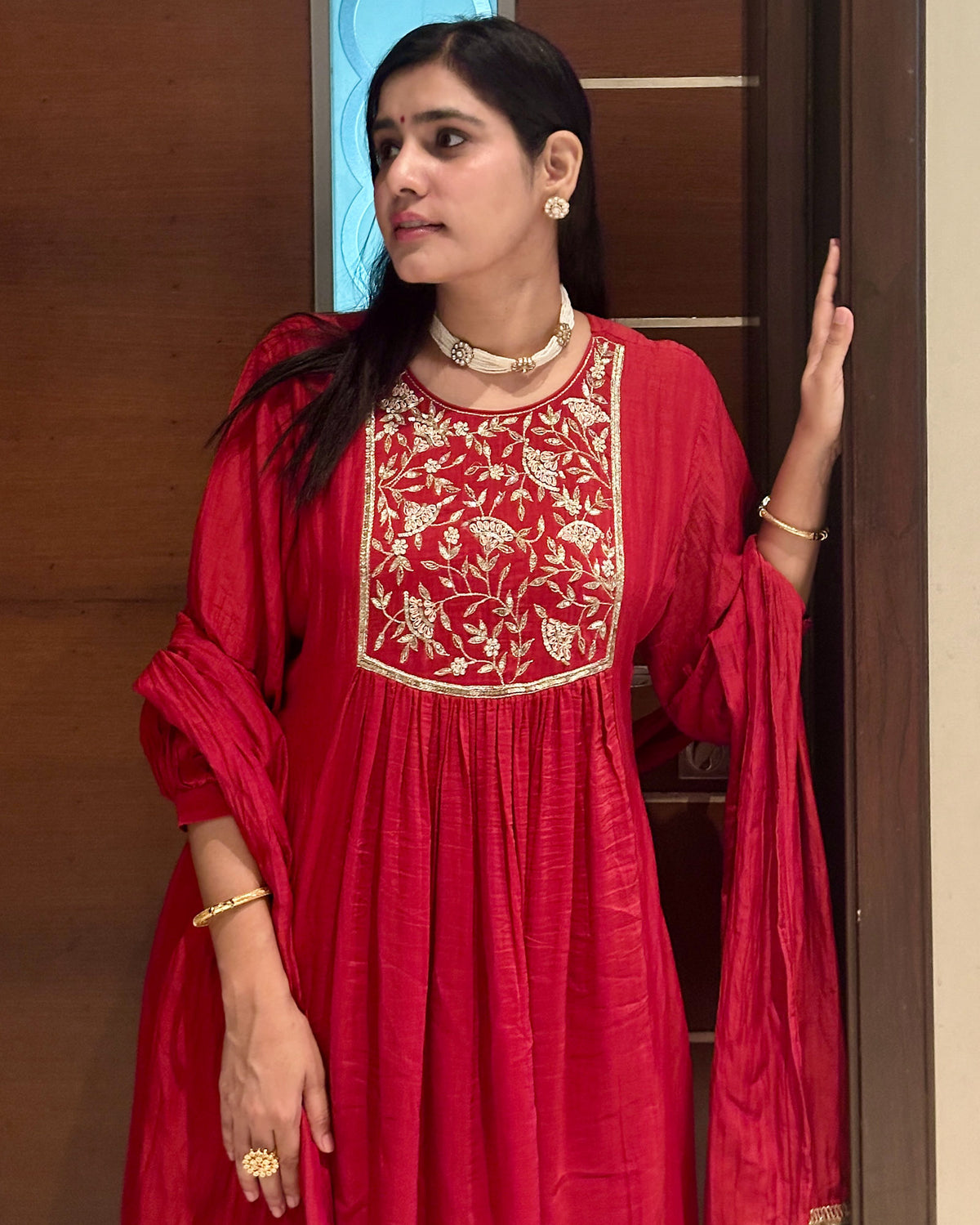 RED MUL CHANDERI SUIT SET WITH HANDWORK