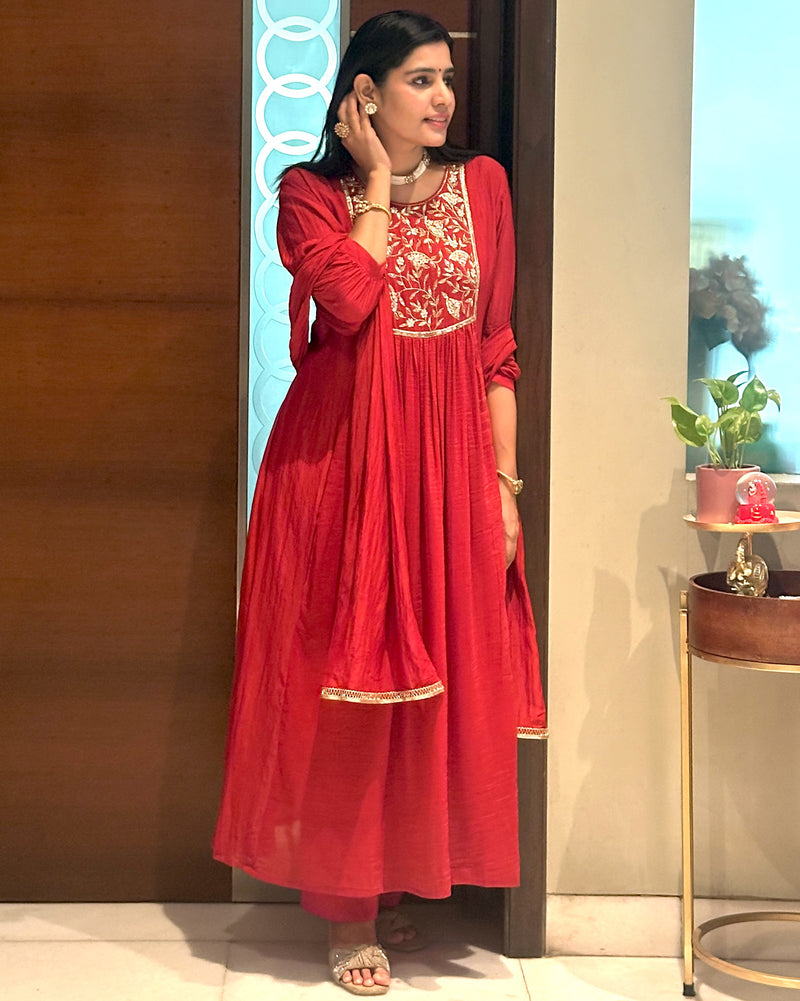 RED MUL CHANDERI SUIT SET WITH HANDWORK