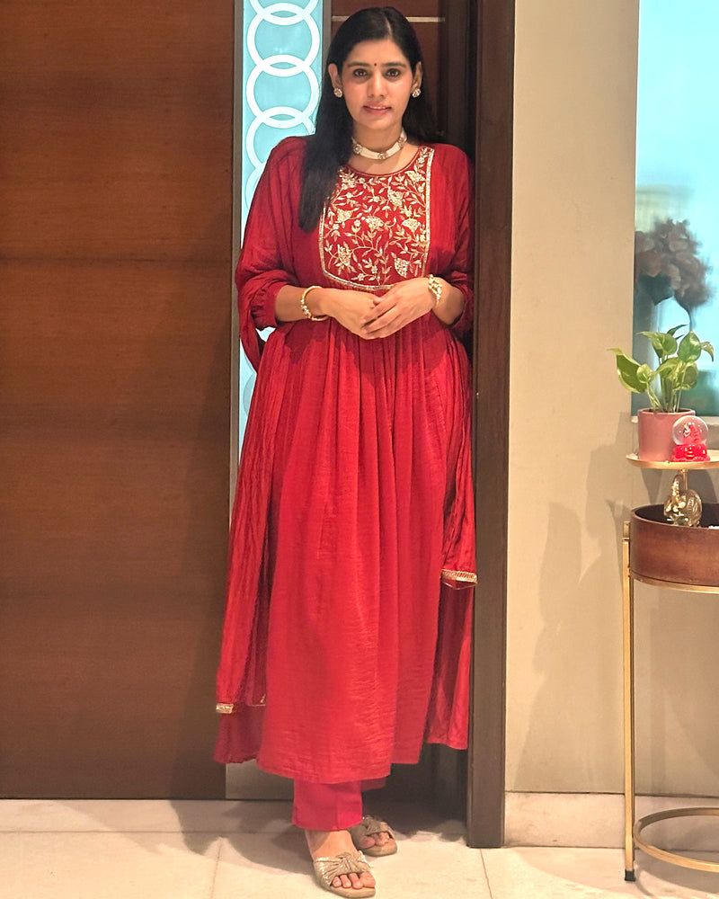 RED MUL CHANDERI SUIT SET WITH HANDWORK