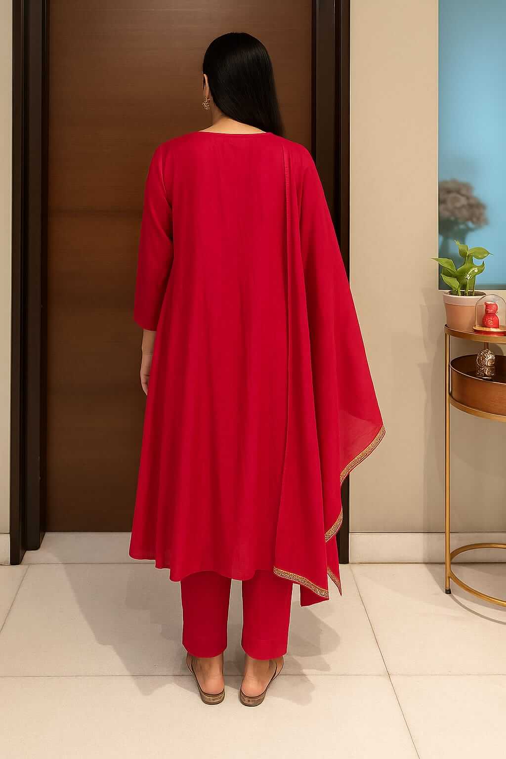 RED MUL CHANDERI SUIT SET WITH HANDWORK