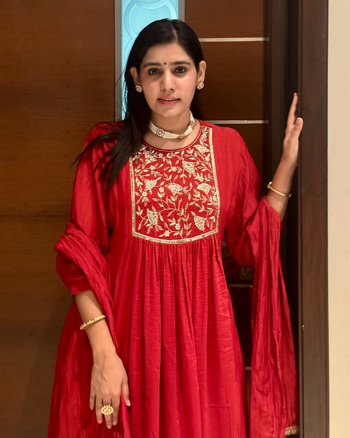 RED MUL CHANDERI SUIT SET WITH HANDWORK