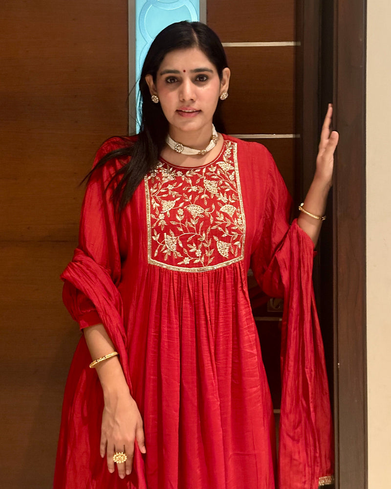 RED MUL CHANDERI SUIT SET WITH HANDWORK