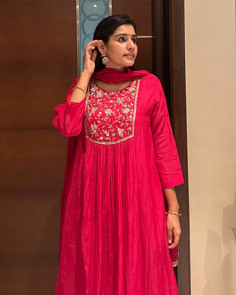 RANI PINK MUL CHANDERI SUIT SET WITH HANDWORK