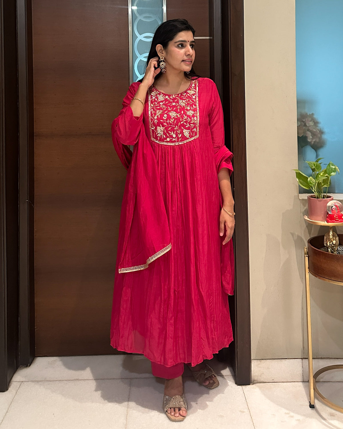 RANI PINK MUL CHANDERI SUIT SET WITH HANDWORK