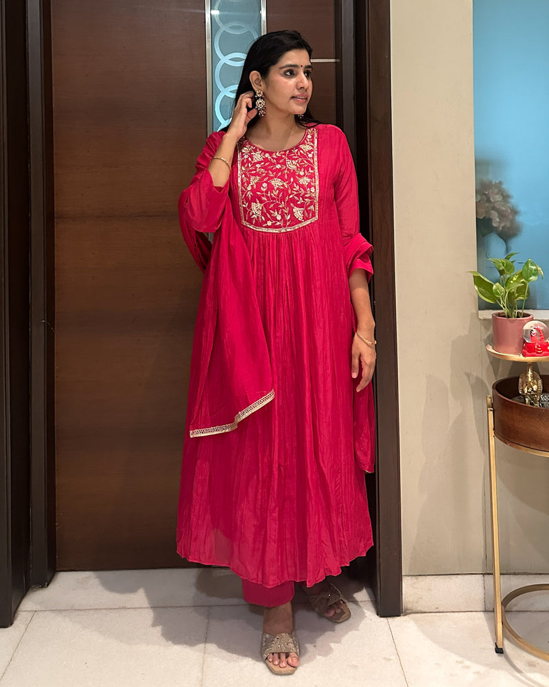 RANI PINK MUL CHANDERI SUIT SET WITH HANDWORK