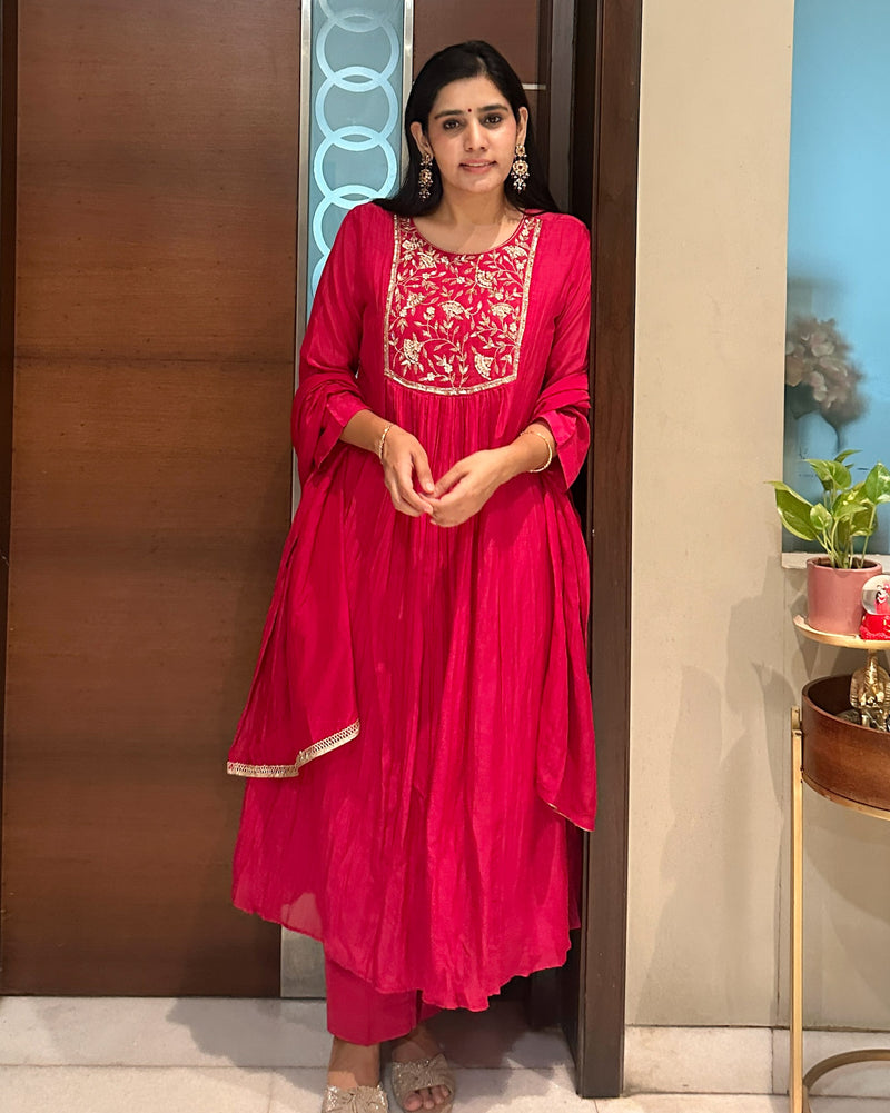 RANI PINK MUL CHANDERI SUIT SET WITH HANDWORK