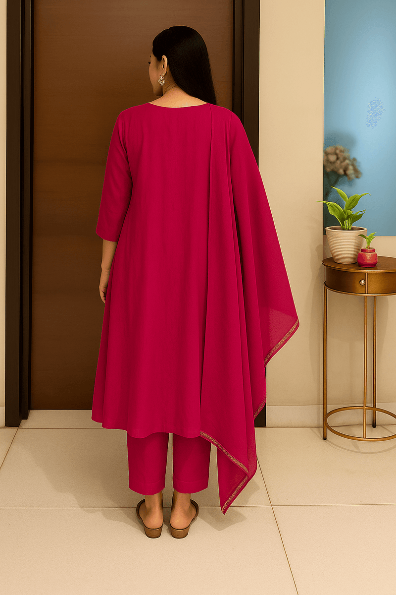 RANI PINK MUL CHANDERI SUIT SET WITH HANDWORK