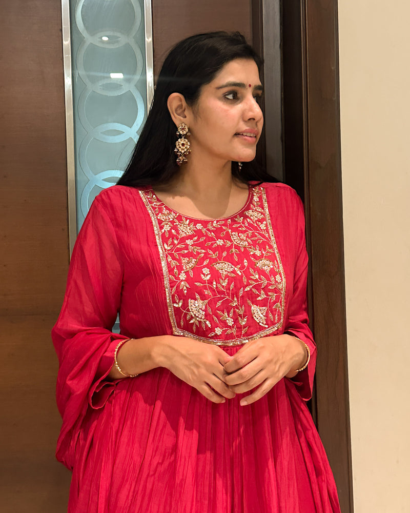 RANI PINK MUL CHANDERI SUIT SET WITH HANDWORK