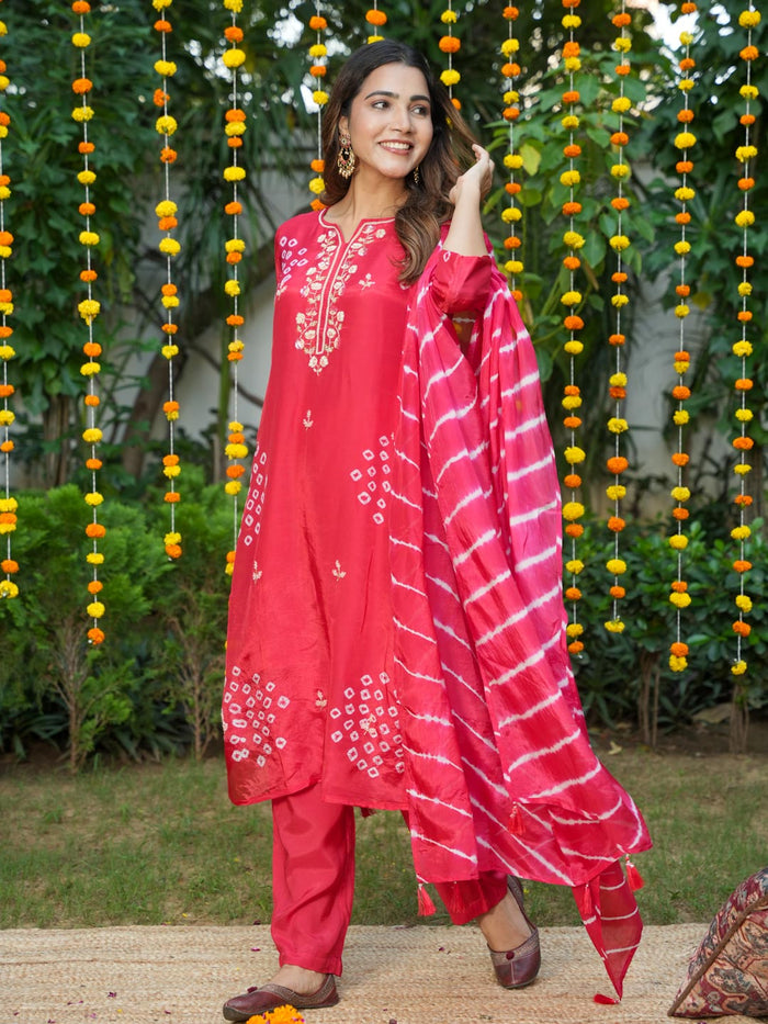 RED HANDWORK BANDHEJ SUIT SET