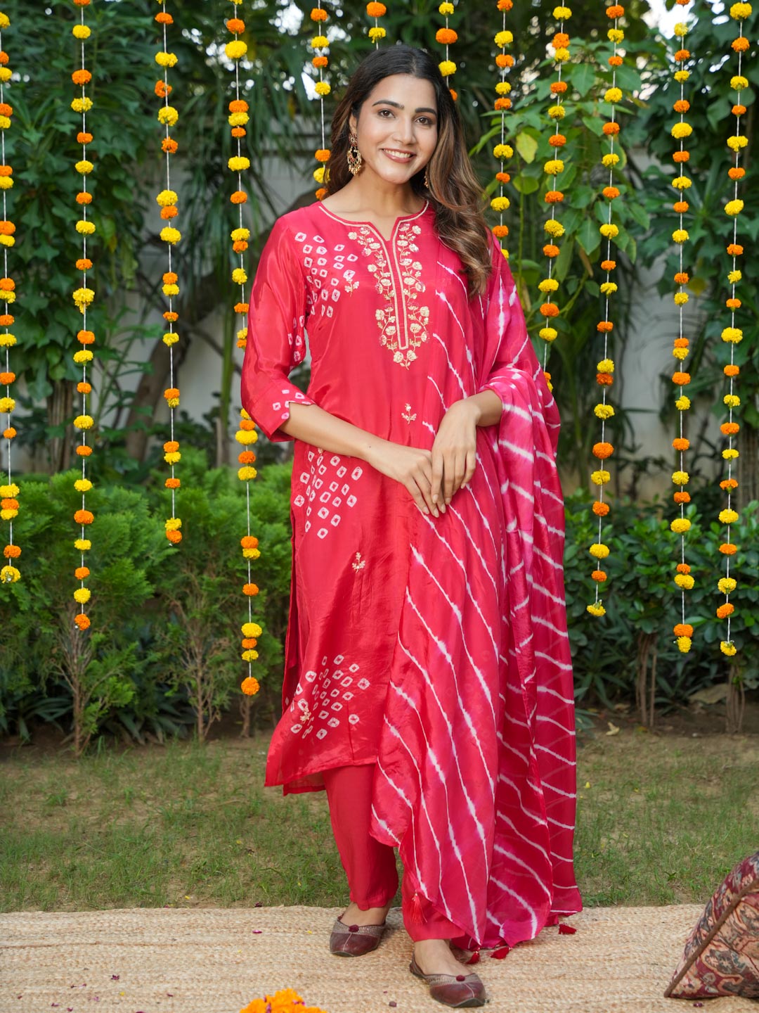 RED HANDWORK BANDHEJ SUIT SET
