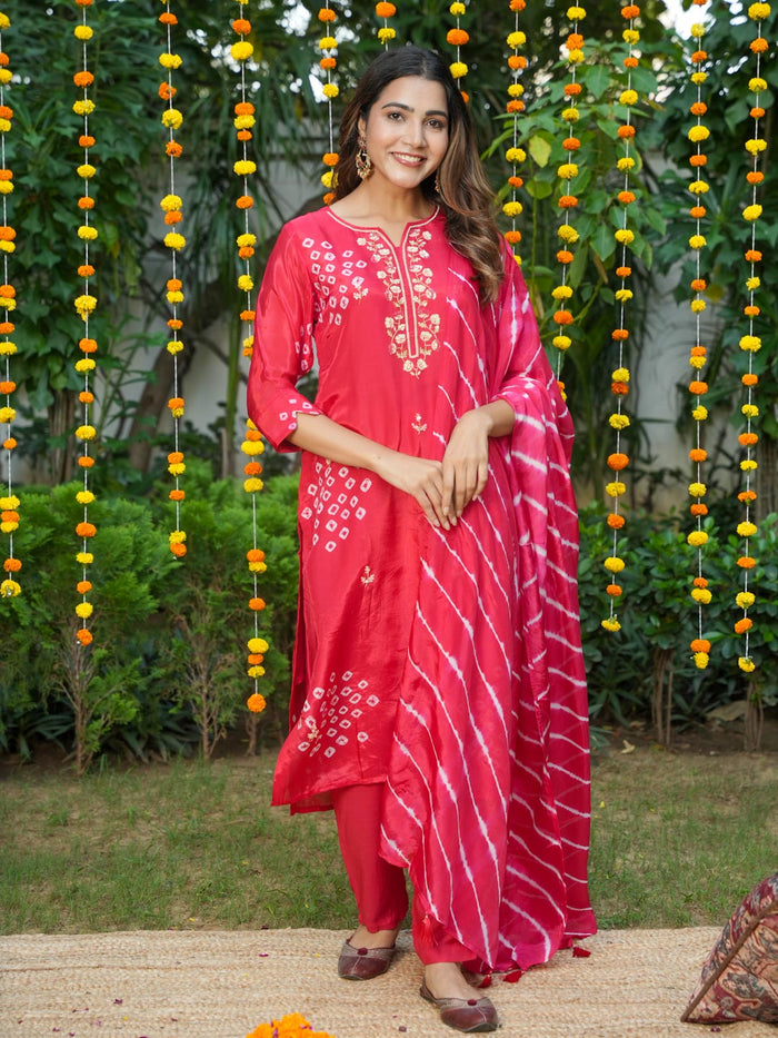 RED HANDWORK BANDHEJ SUIT SET