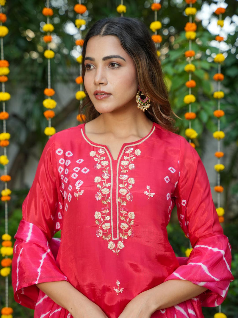 RED HANDWORK BANDHEJ SUIT SET