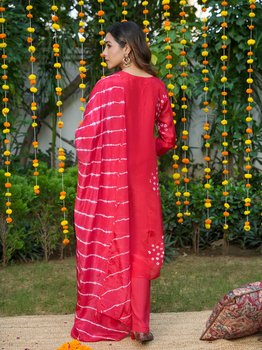RED HANDWORK BANDHEJ SUIT SET