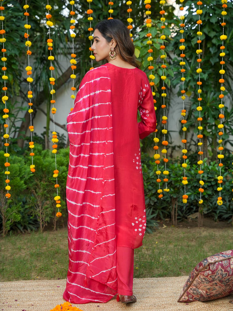 RED HANDWORK BANDHEJ SUIT SET
