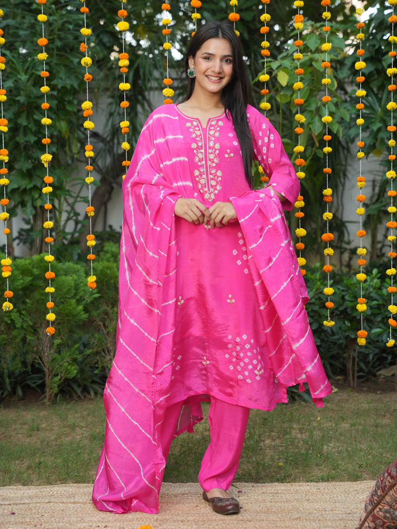 PINK HANDWORK SUIT SET WITH BANDHEJ WORK