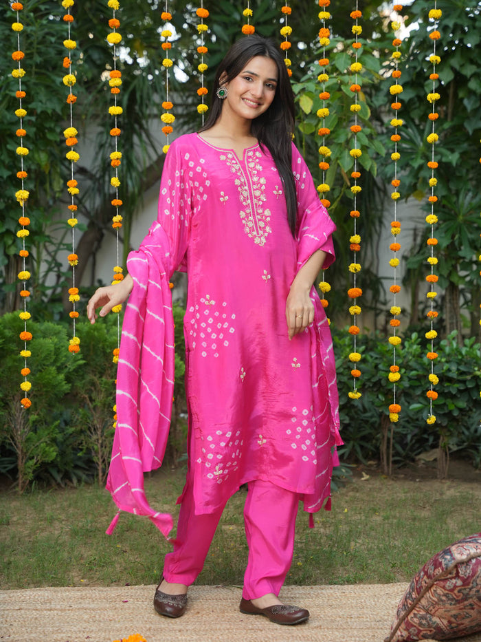 PINK HANDWORK SUIT SET WITH BANDHEJ WORK