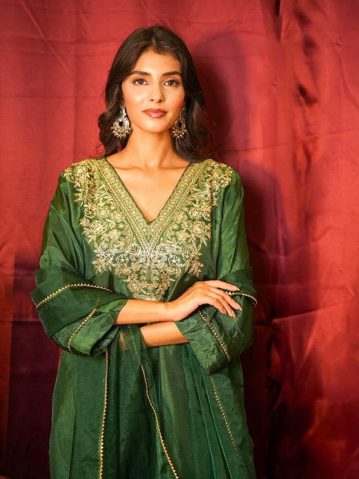 GREEN HEAVY PITTAN WORK SUIT SET WITH ORGANZA DUPATTA