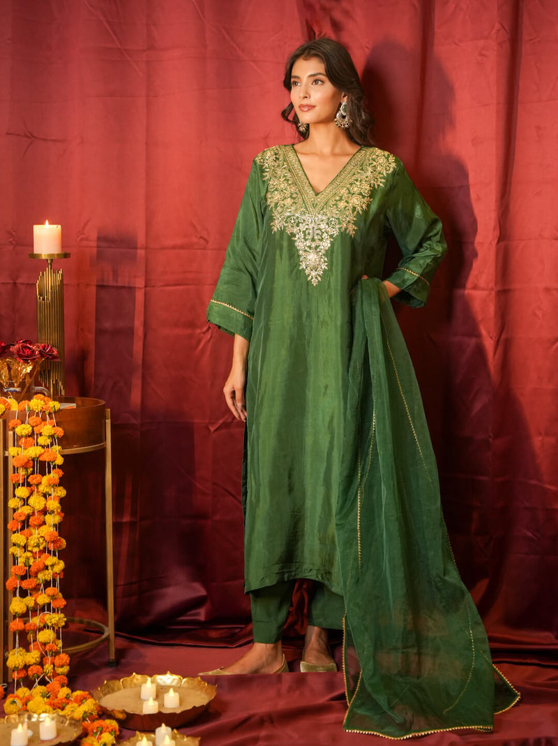 GREEN HEAVY PITTAN WORK SUIT SET WITH ORGANZA DUPATTA