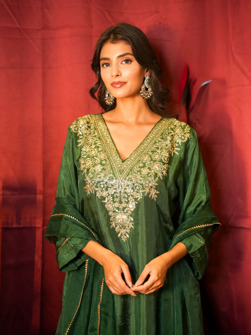 GREEN HEAVY PITTAN WORK SUIT SET WITH ORGANZA DUPATTA