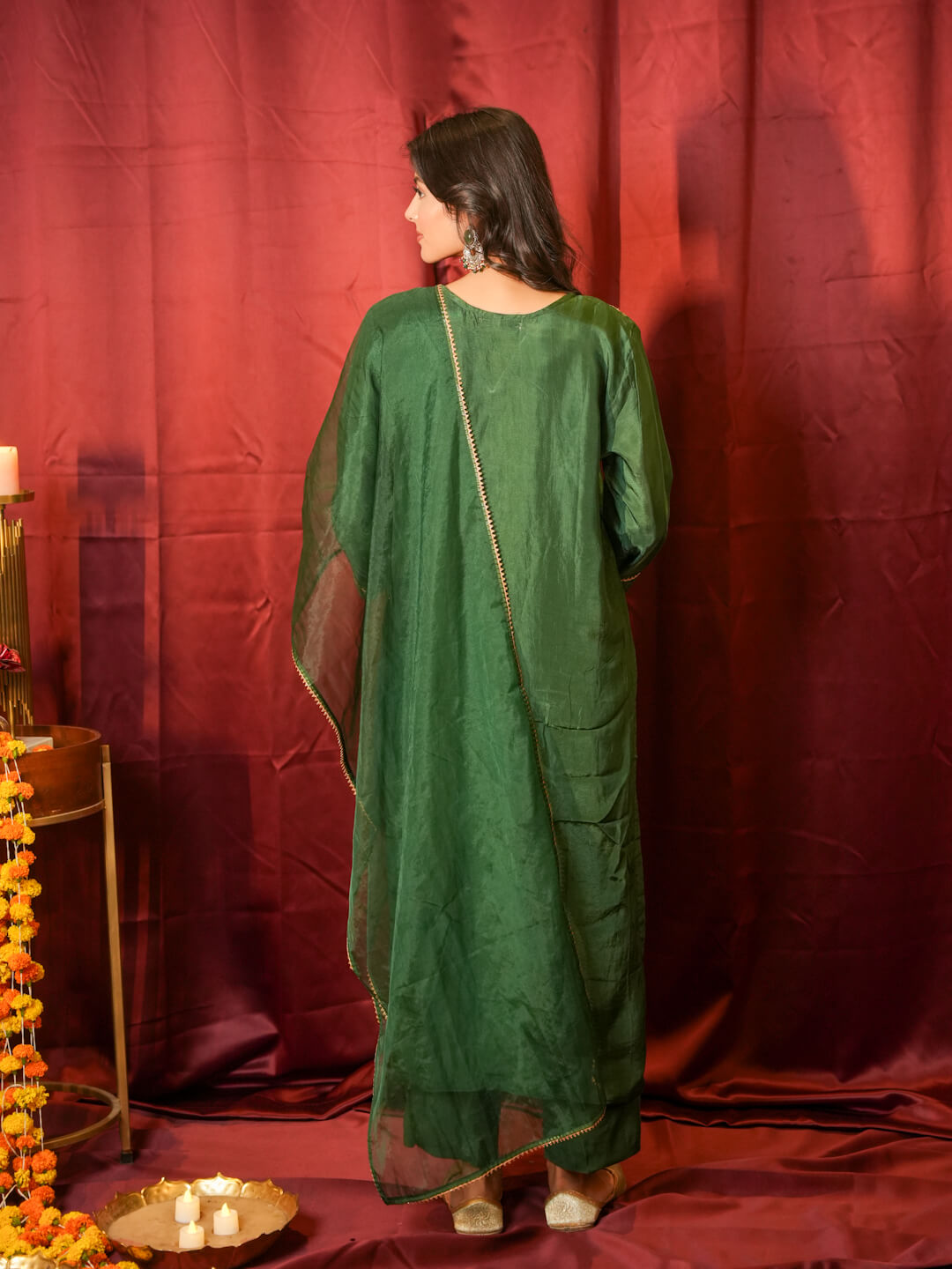 GREEN HEAVY PITTAN WORK SUIT SET WITH ORGANZA DUPATTA