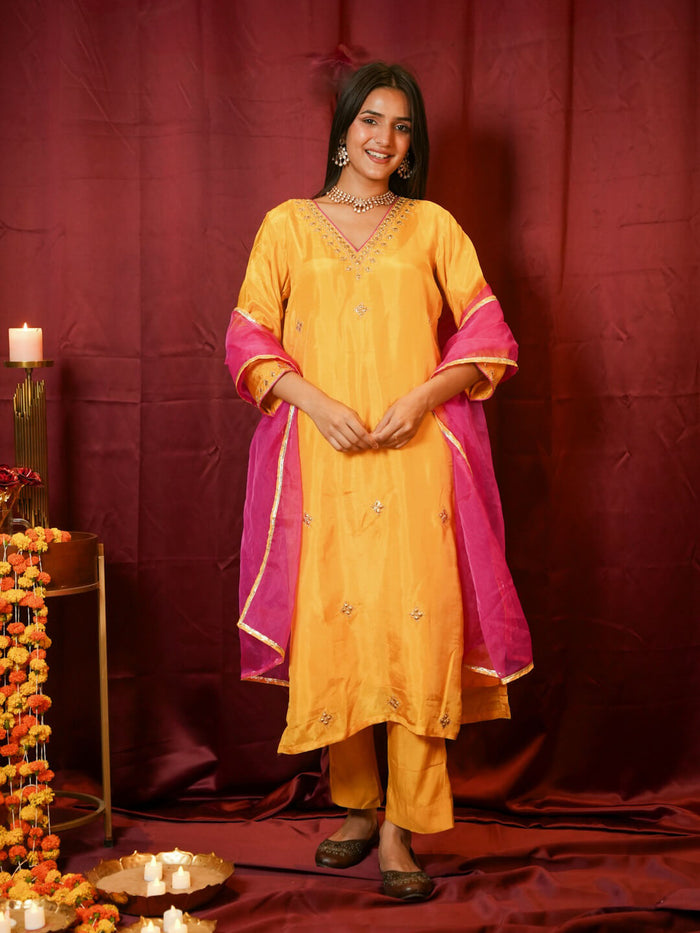 YELLOW DABKA WORK SUIT SET WITH ORGANZA DUPATTA