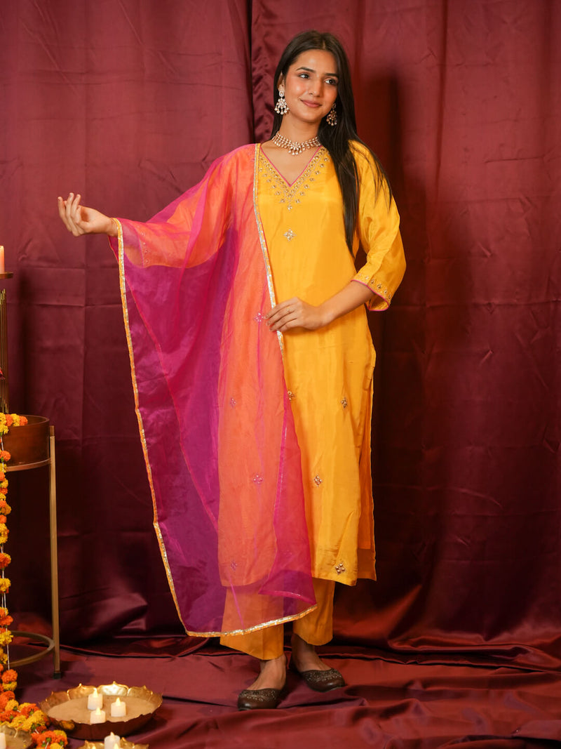 YELLOW DABKA WORK SUIT SET WITH ORGANZA DUPATTA