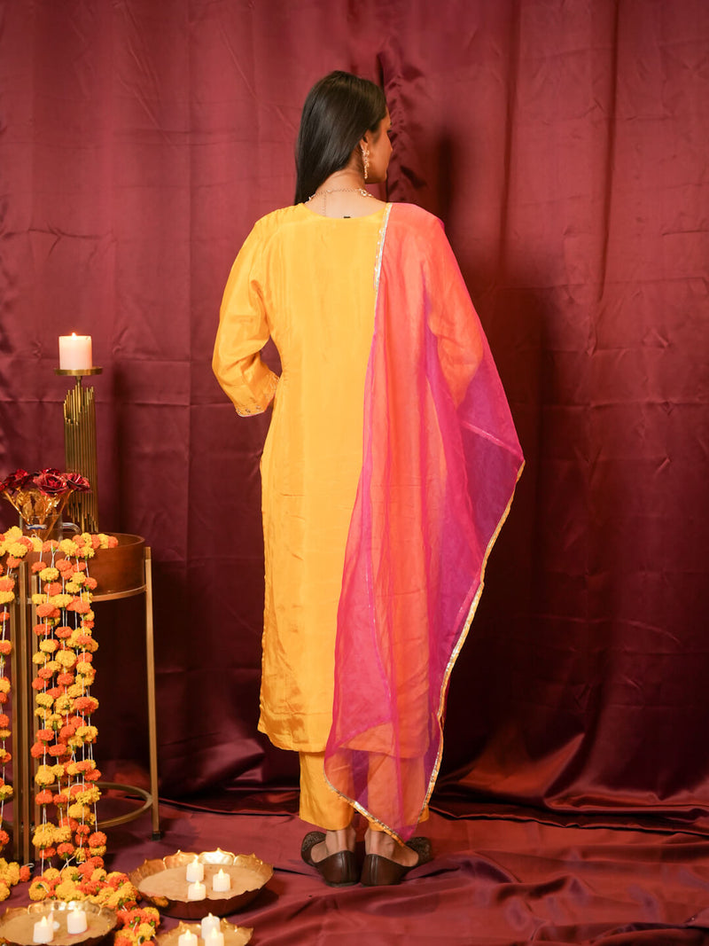 YELLOW DABKA WORK SUIT SET WITH ORGANZA DUPATTA