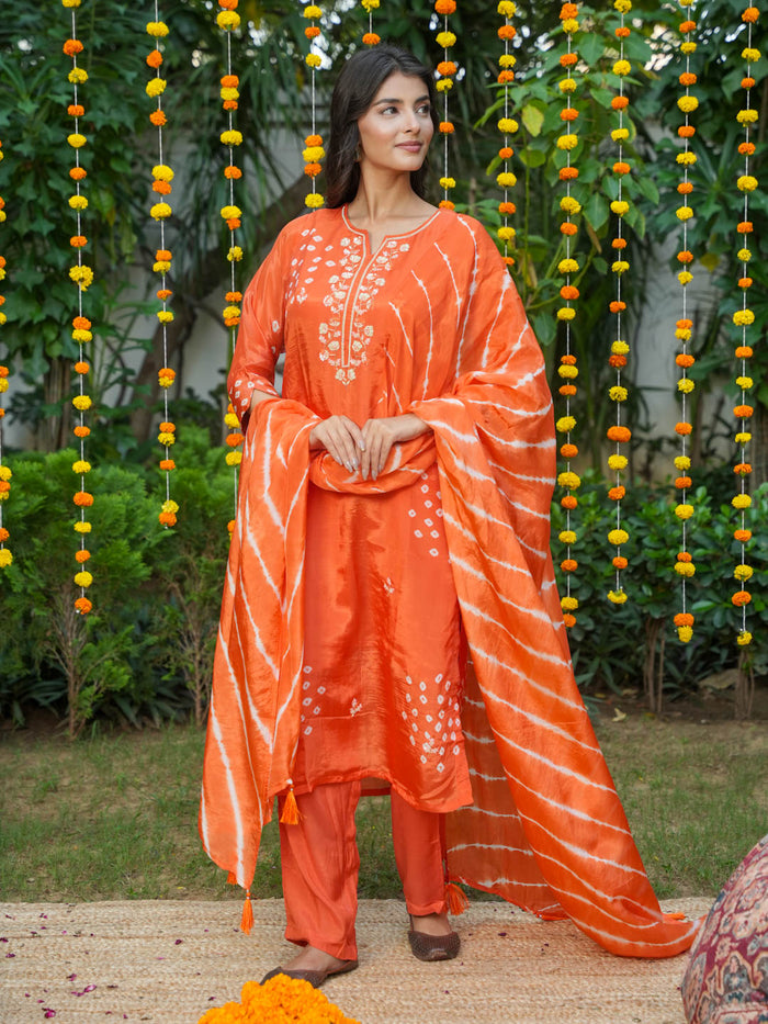 ORANGE HANDWORK AND BANDHEJ WORK SUIT SET
