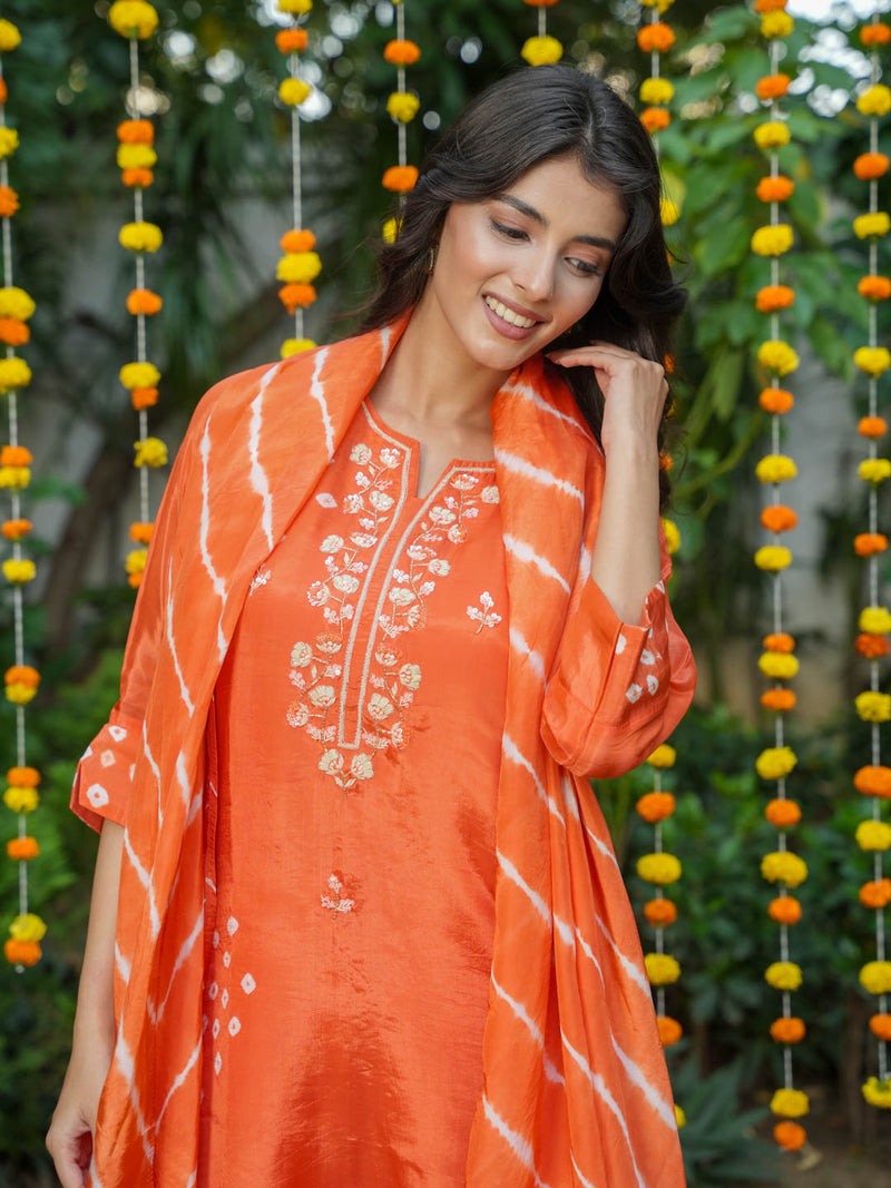 ORANGE HANDWORK AND BANDHEJ WORK SUIT SET