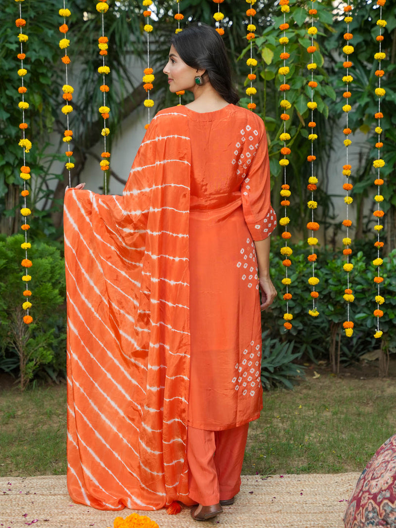 ORANGE HANDWORK AND BANDHEJ WORK SUIT SET