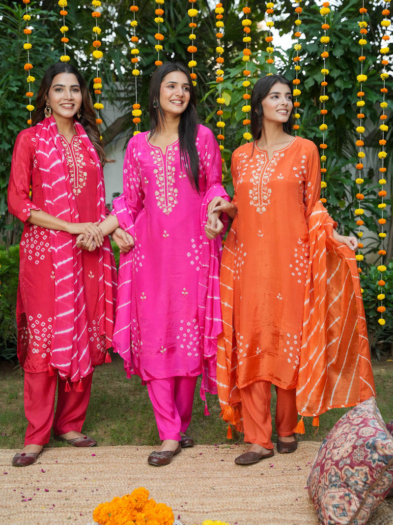 ORANGE HANDWORK AND BANDHEJ WORK SUIT SET
