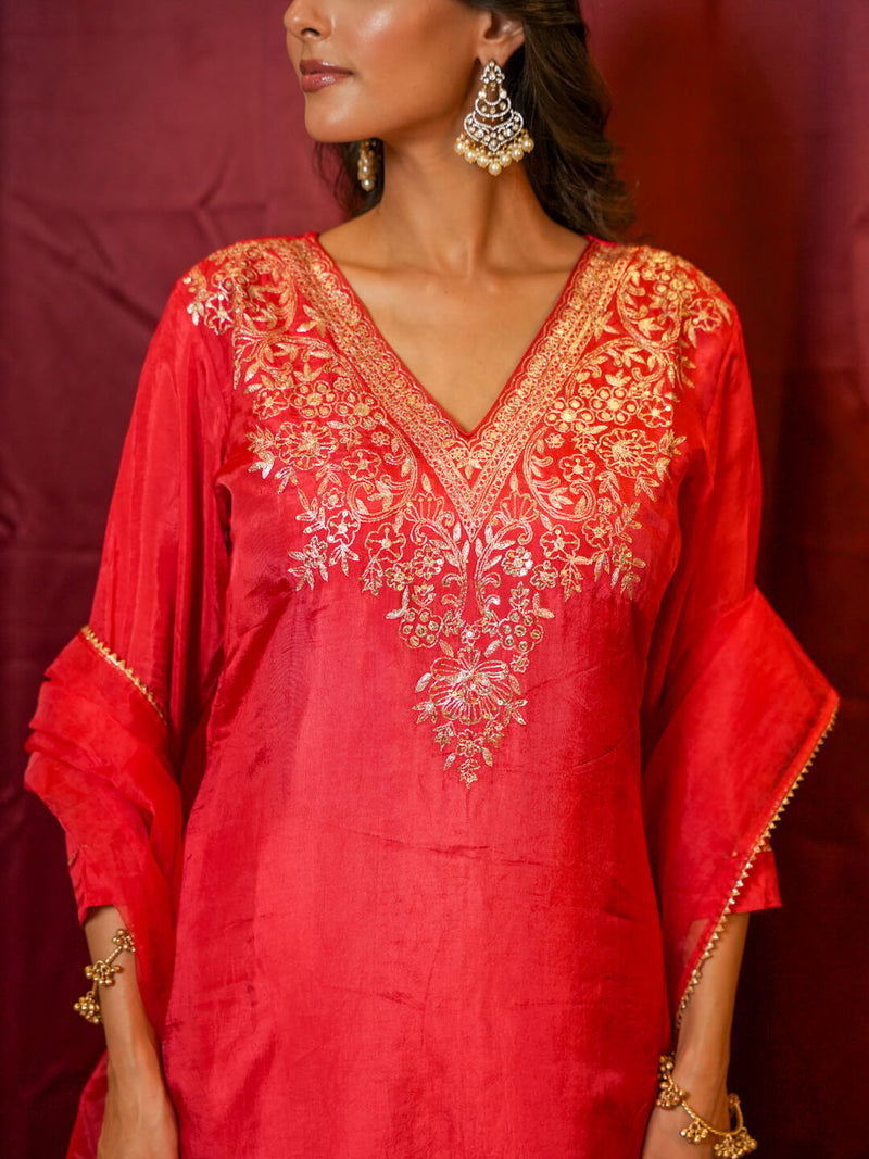 RED HEAVY PITTAN WORK SUIT SET WITH ORGANZA DUPATTA