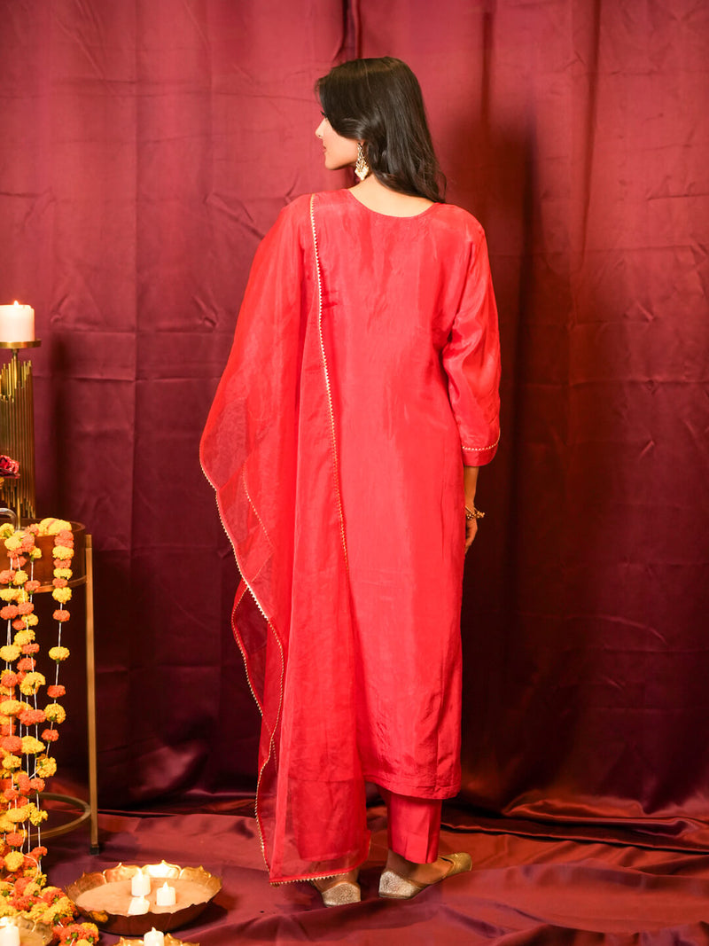 RED HEAVY PITTAN WORK SUIT SET WITH ORGANZA DUPATTA