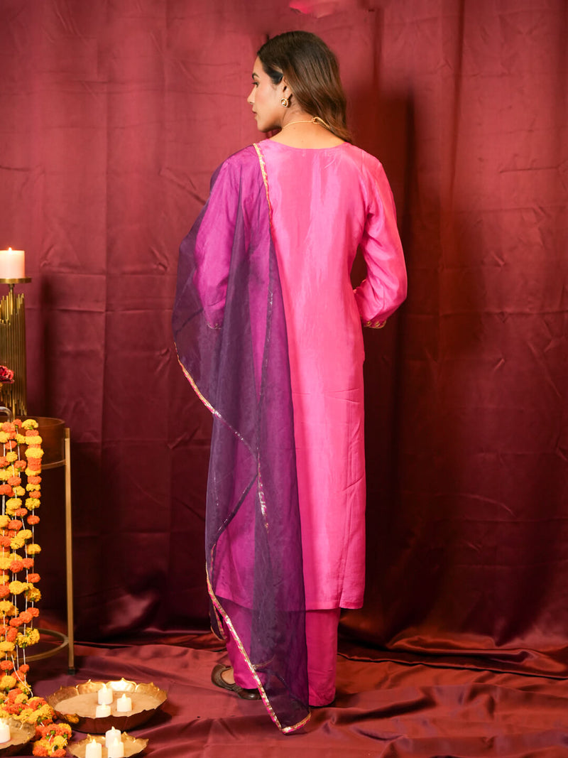 PINK DABKA WORK SUIT SET WITH ORGANZA DUPATTA