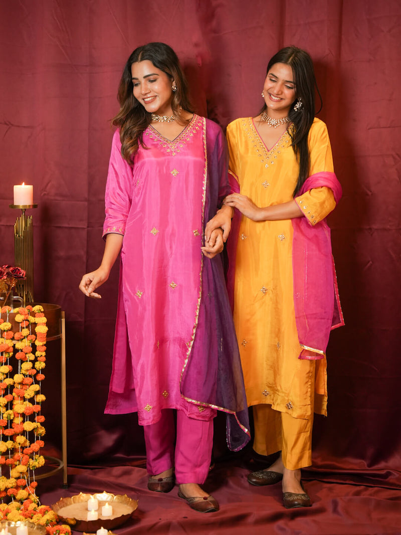 YELLOW DABKA WORK SUIT SET WITH ORGANZA DUPATTA