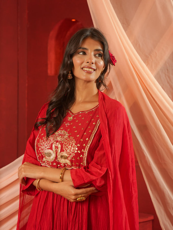 RED MUL CHANDERI SUIT SET WITH HEAVY WORK ON NECK