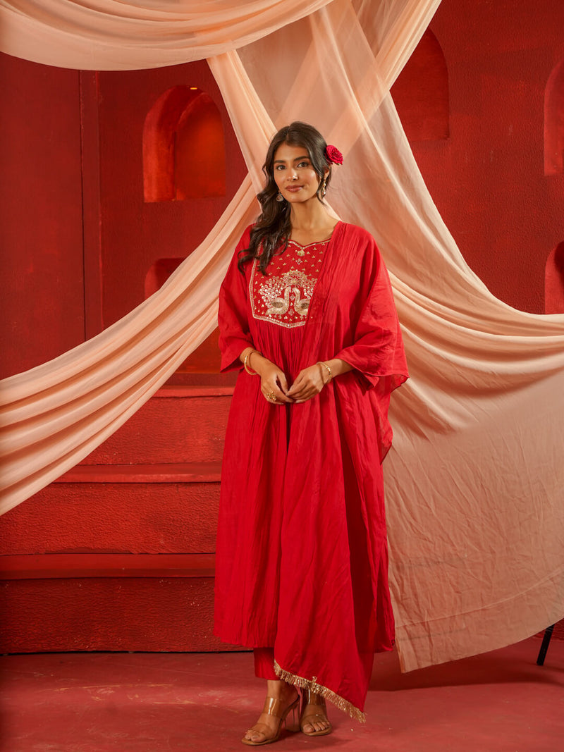 RED MUL CHANDERI SUIT SET WITH HEAVY WORK ON NECK