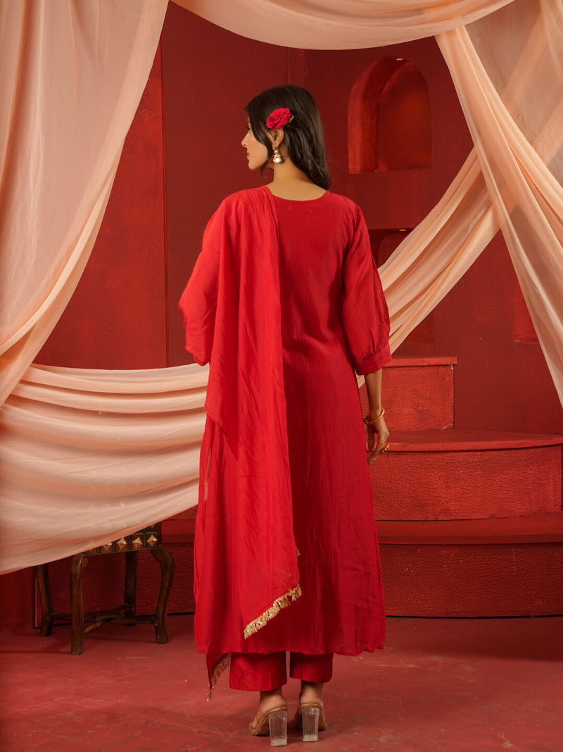 RED MUL CHANDERI SUIT SET WITH HEAVY WORK ON NECK
